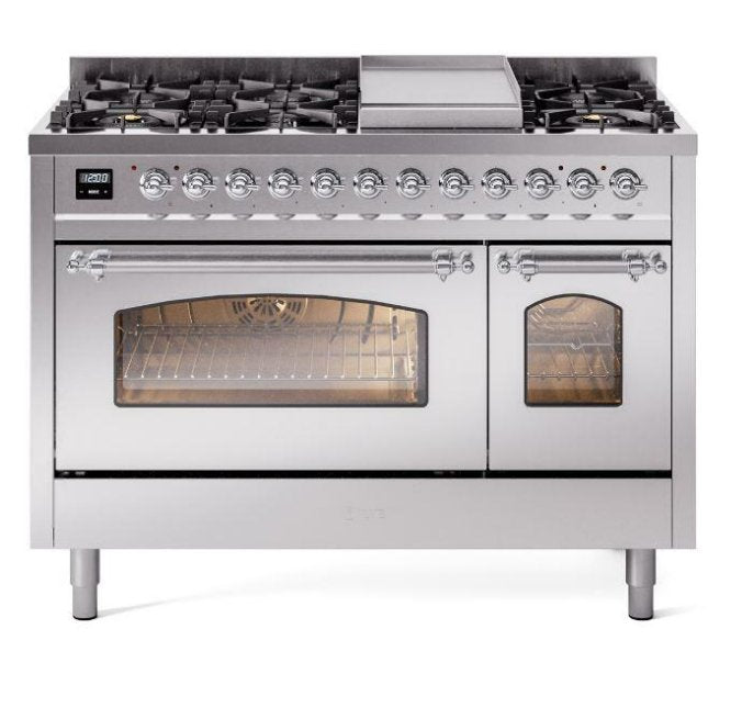 ILVE Nostalgie II 48" Dual Fuel Natural Gas Range, Stainless Steel, Chrome Trim UP48FNMPSSC