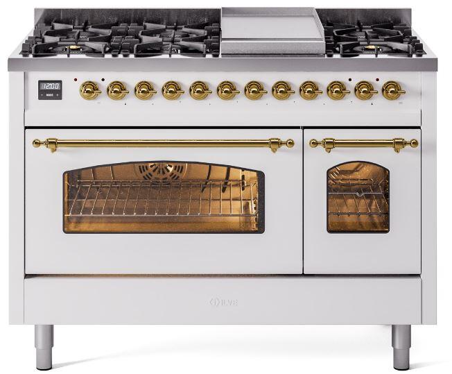 ILVE Nostalgie II 48" Dual Fuel Natural Gas Range, White, Brass Trim UP48FNMPWHG