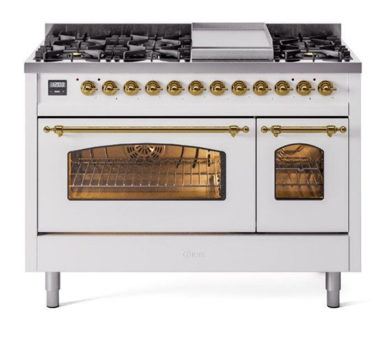 ILVE Nostalgie II 48" Dual Fuel Natural Gas Range, White, Brass Trim UP48FNMPWHG