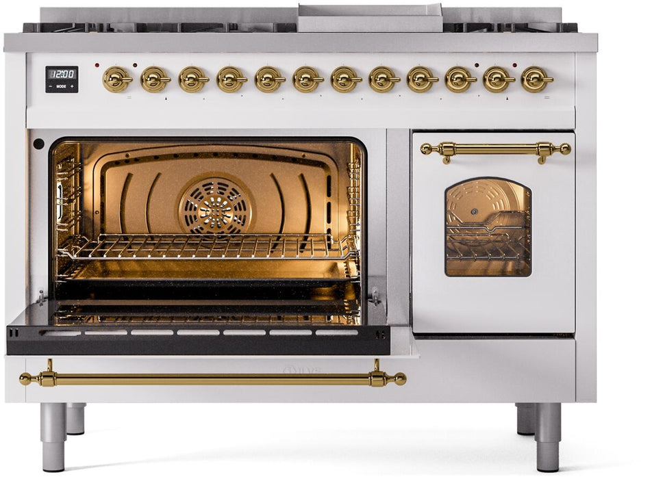 ILVE Nostalgie II 48" Dual Fuel Natural Gas Range, White, Brass Trim UP48FNMPWHG