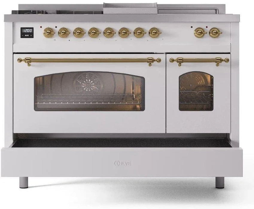 ILVE Nostalgie II 48"  Dual Fuel Natural Gas Range White Brass Trim UP48FSNMPWHG