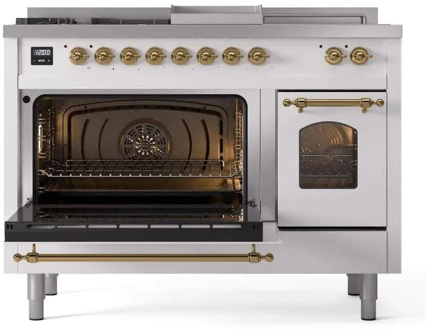 ILVE Nostalgie II 48"  Dual Fuel Natural Gas Range White Brass Trim UP48FSNMPWHG