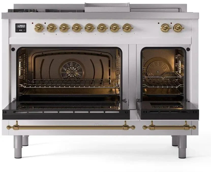 ILVE Nostalgie II 48"  Dual Fuel Natural Gas Range White Brass Trim UP48FSNMPWHG