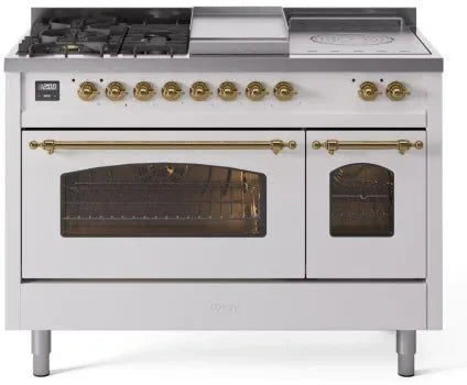 ILVE Nostalgie II 48"  Dual Fuel Natural Gas Range White Brass Trim UP48FSNMPWHG