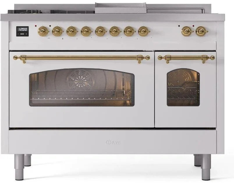ILVE Nostalgie II 48"  Dual Fuel Natural Gas Range White Brass Trim UP48FSNMPWHG