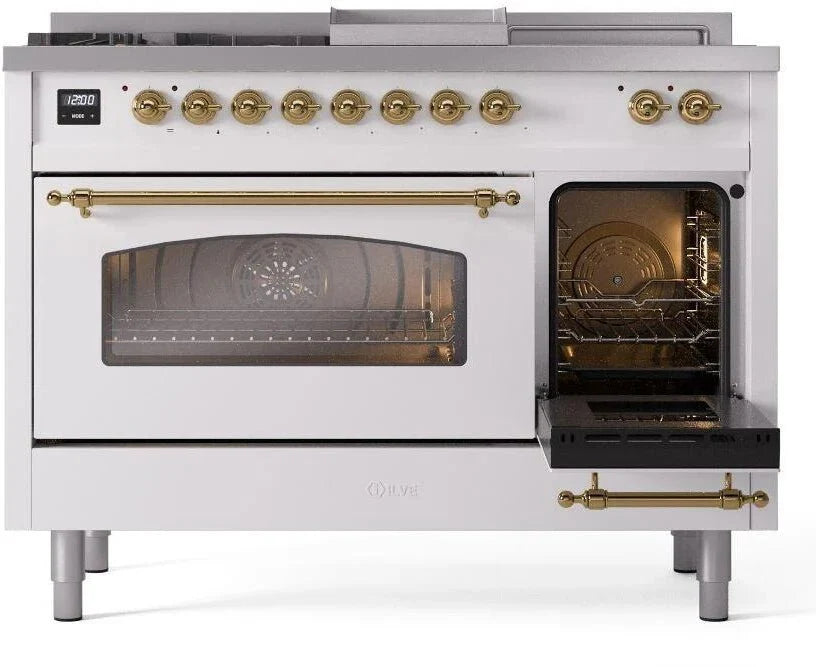 ILVE Nostalgie II 48"  Dual Fuel Natural Gas Range White Brass Trim UP48FSNMPWHG