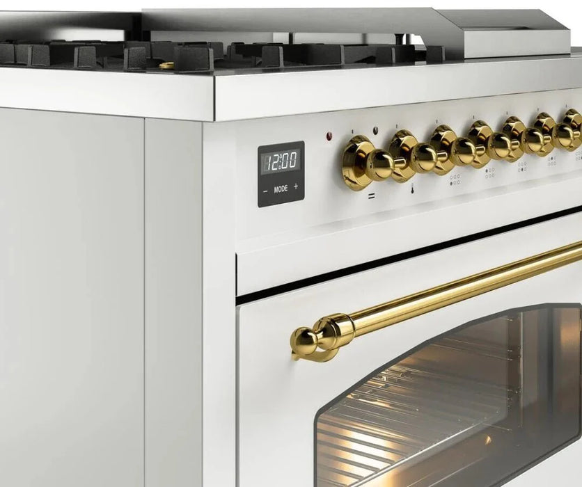 ILVE Nostalgie II 48"  Dual Fuel Natural Gas Range White Brass Trim UP48FSNMPWHG