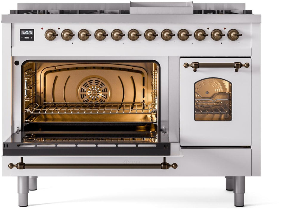 ILVE Nostalgie II 48" Dual Fuel Natural Gas Range, White, Bronze Trim UP48FNMPWHB