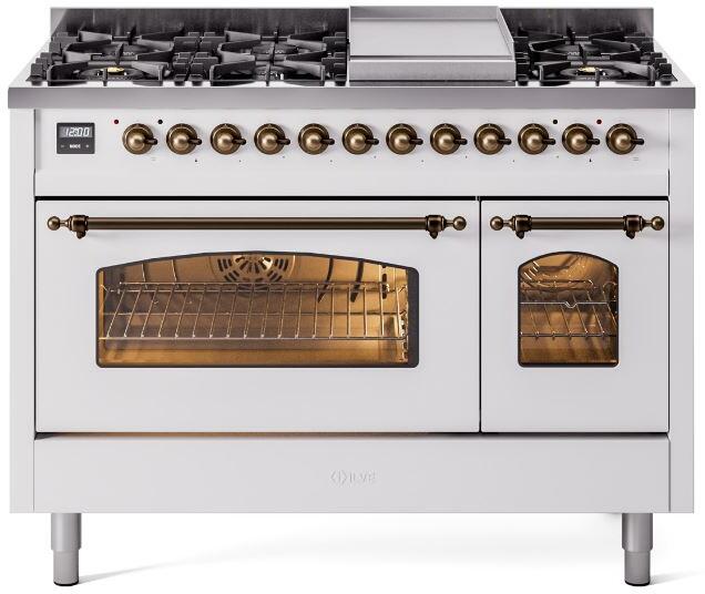 ILVE Nostalgie II 48" Dual Fuel Natural Gas Range, White, Bronze Trim UP48FNMPWHB