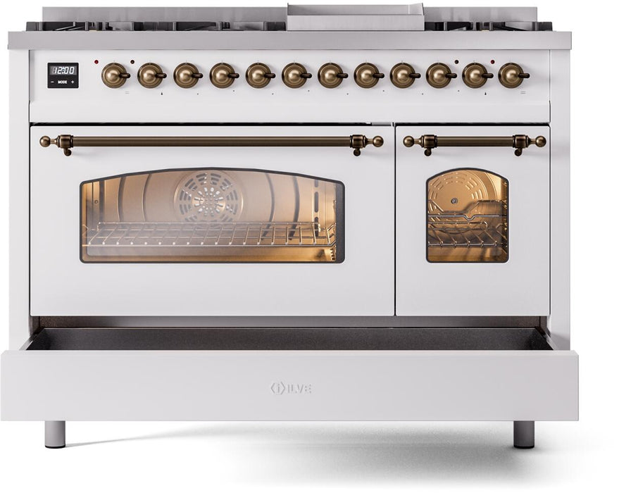 ILVE Nostalgie II 48" Dual Fuel Natural Gas Range, White, Bronze Trim UP48FNMPWHB