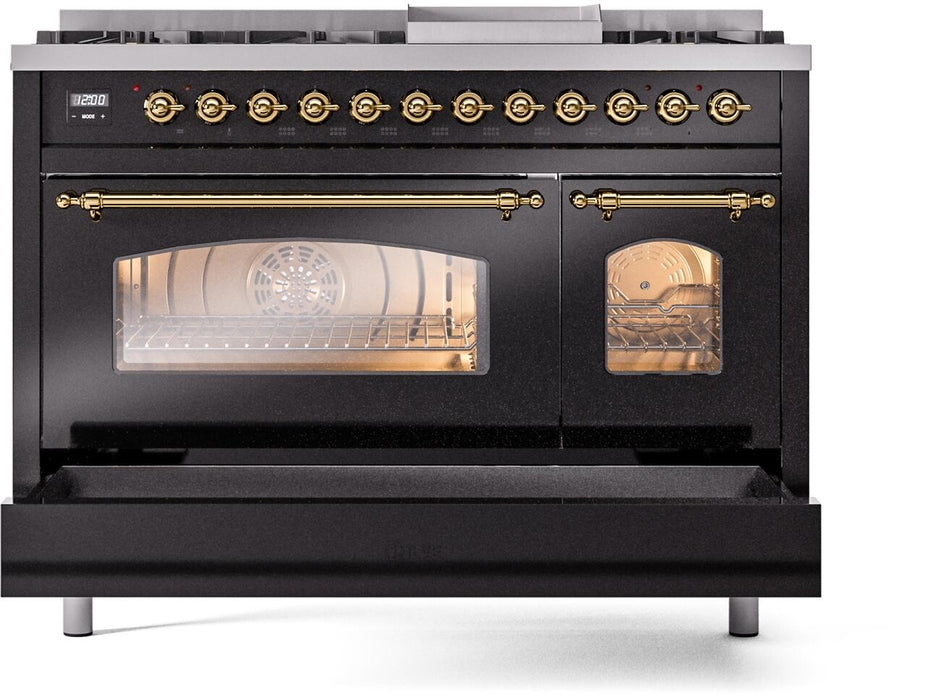 ILVE Nostalgie II 48" Dual Fuel Natural Gas Range,Glossy Black, Brass Trim UP48FNMPBKG