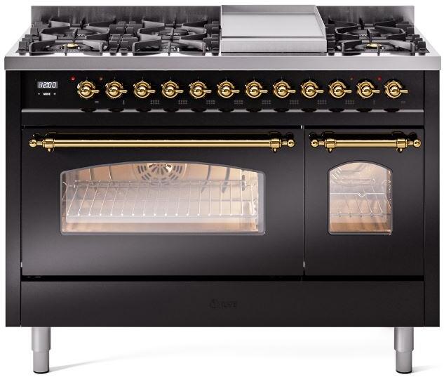 ILVE Nostalgie II 48" Dual Fuel Natural Gas Range,Glossy Black, Brass Trim UP48FNMPBKG