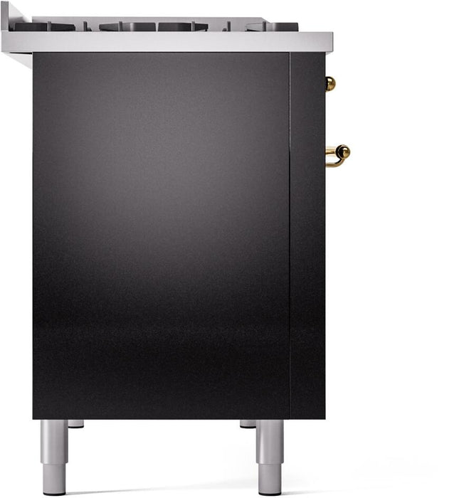 ILVE Nostalgie II 48" Dual Fuel Natural Gas Range,Glossy Black, Brass Trim UP48FNMPBKG