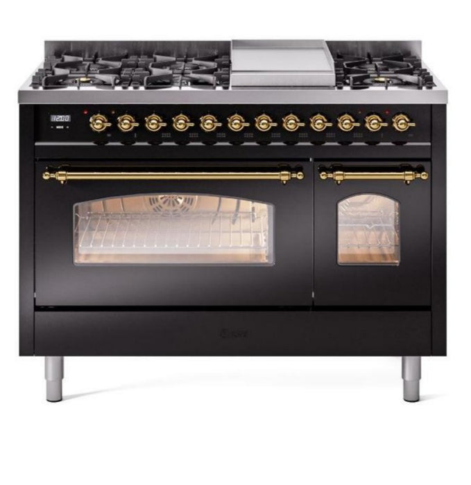 ILVE Nostalgie II 48" Dual Fuel Natural Gas Range,Glossy Black, Brass Trim UP48FNMPBKG