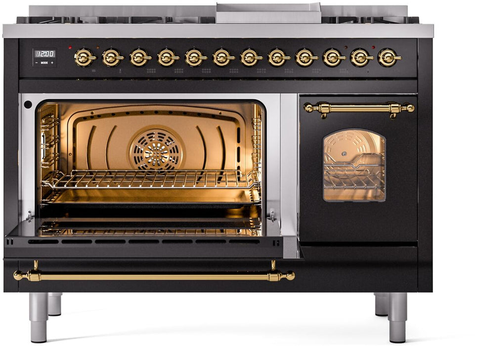 ILVE Nostalgie II 48" Dual Fuel Natural Gas Range,Glossy Black, Brass Trim UP48FNMPBKG