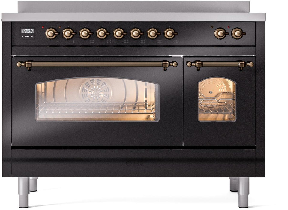 ILVE Nostalgie II 48" Electric Range, Glossy Black, Bronze Trim UPI486NMPBKB