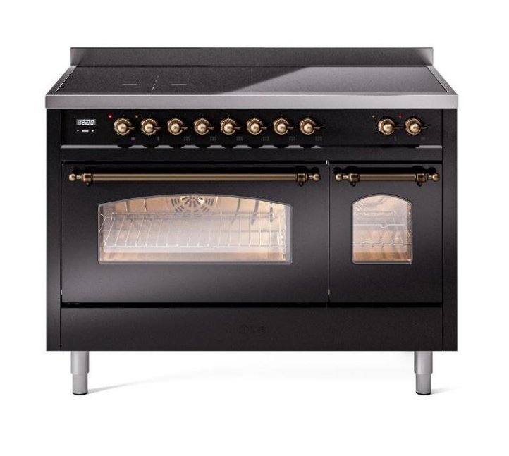 ILVE Nostalgie II 48" Electric Range, Glossy Black, Bronze Trim UPI486NMPBKB