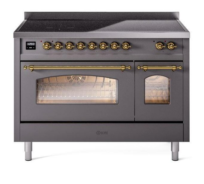 ILVE Nostalgie II 48" Electric Range, Matte Graphite, Brass Trim UPI486NMPMGG