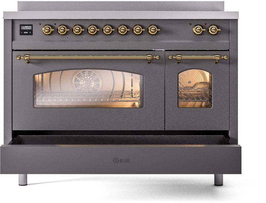 ILVE Nostalgie II 48" Electric Range, Matte Graphite, Brass Trim UPI486NMPMGG