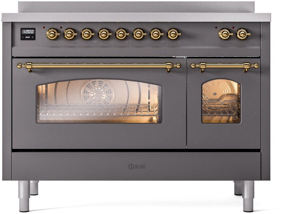 ILVE Nostalgie II 48" Electric Range, Matte Graphite, Brass Trim UPI486NMPMGG