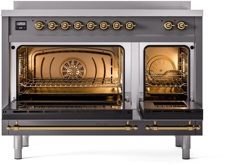 ILVE Nostalgie II 48" Electric Range, Matte Graphite, Brass Trim UPI486NMPMGG