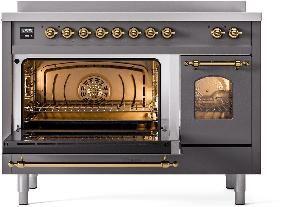 ILVE Nostalgie II 48" Electric Range, Matte Graphite, Brass Trim UPI486NMPMGG