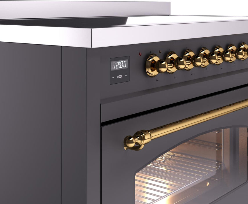 ILVE Nostalgie II 48" Electric Range, Matte Graphite, Brass Trim UPI486NMPMGG