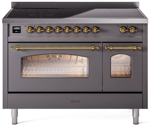ILVE Nostalgie II 48" Electric Range, Matte Graphite, Brass Trim UPI486NMPMGG