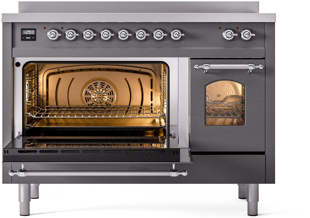 ILVE Nostalgie II 48" Electric Range, Matte Graphite, Chrome Trim UPI486NMPMGC
