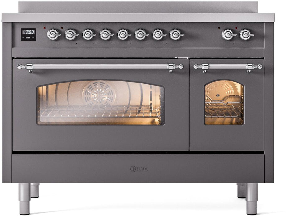 ILVE Nostalgie II 48" Electric Range, Matte Graphite, Chrome Trim UPI486NMPMGC
