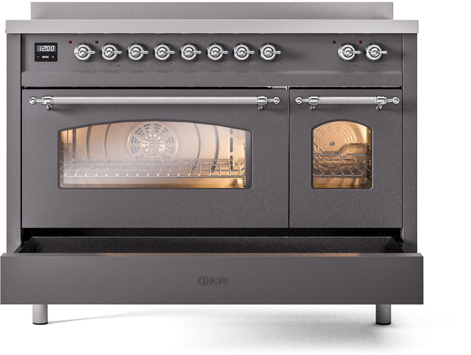 ILVE Nostalgie II 48" Electric Range, Matte Graphite, Chrome Trim UPI486NMPMGC