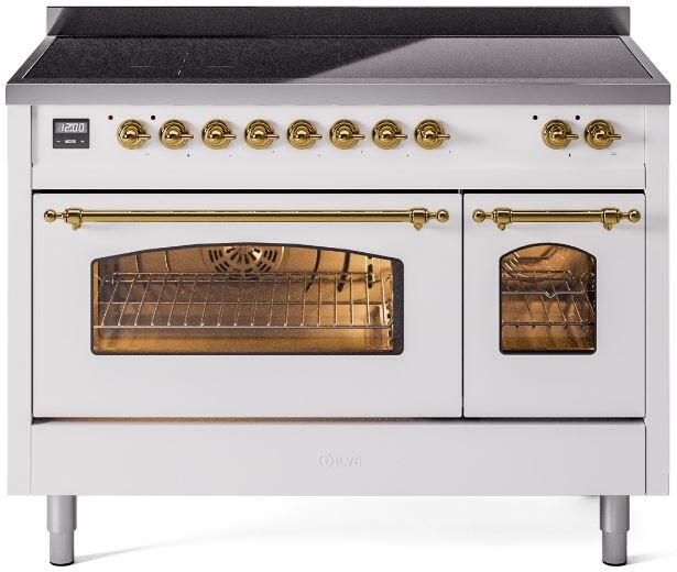 ILVE Nostalgie II 48" Electric Range, White, Brass Trim UPI486NMPWHG