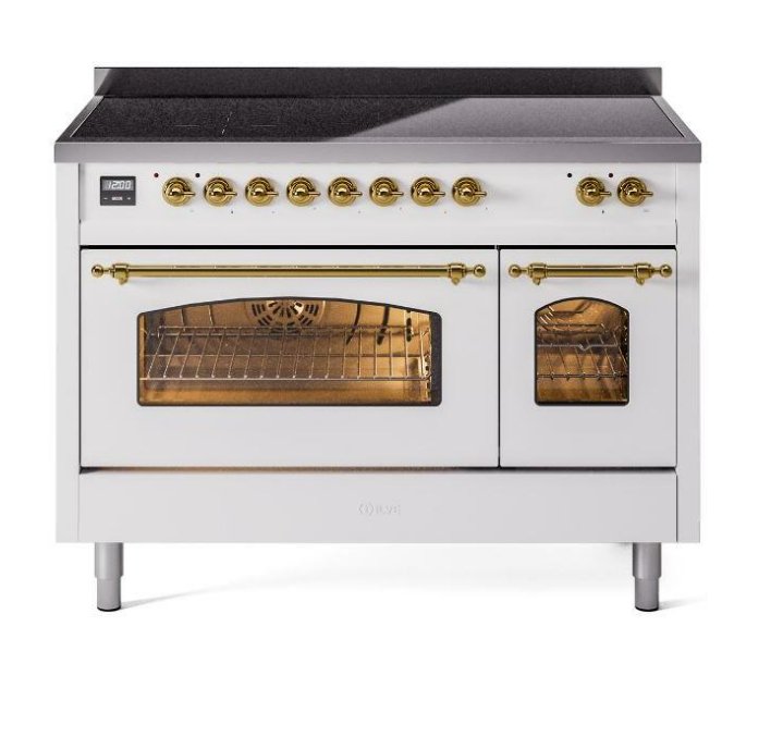 ILVE Nostalgie II 48" Electric Range, White, Brass Trim UPI486NMPWHG
