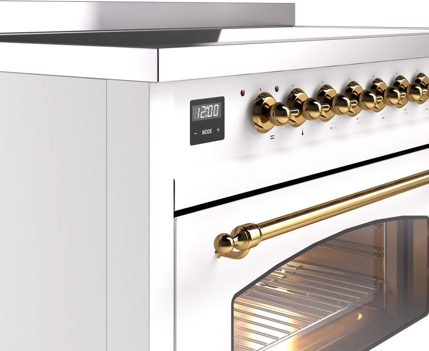ILVE Nostalgie II 48" Electric Range, White, Brass Trim UPI486NMPWHG