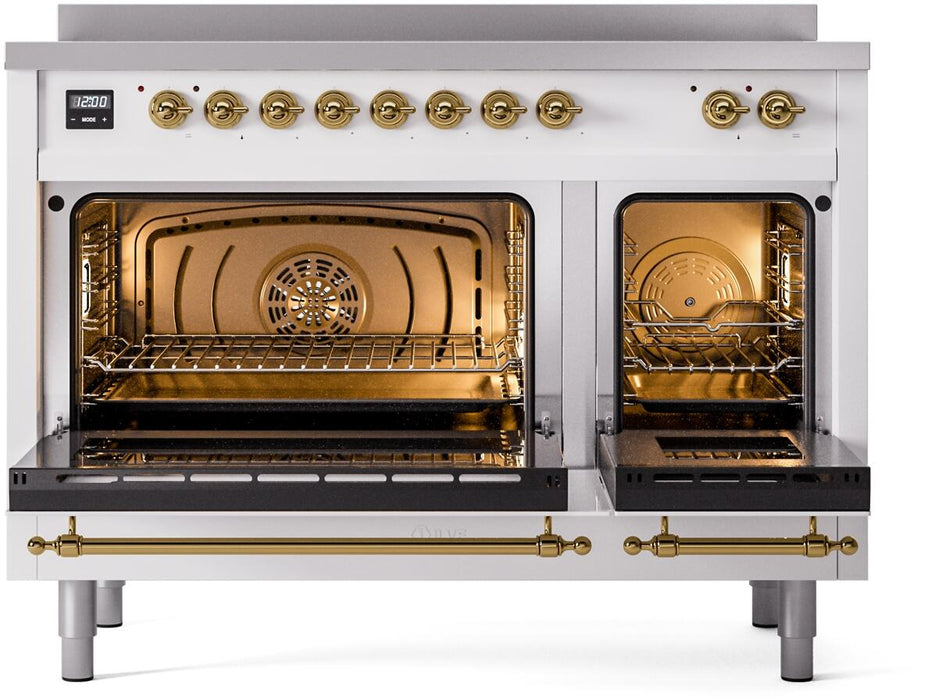 ILVE Nostalgie II 48" Electric Range, White, Brass Trim UPI486NMPWHG