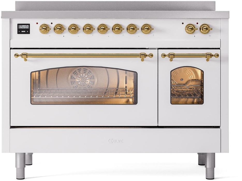ILVE Nostalgie II 48" Electric Range, White, Brass Trim UPI486NMPWHG