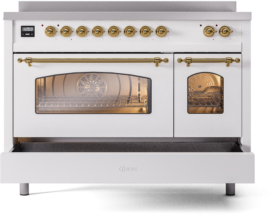 ILVE Nostalgie II 48" Electric Range, White, Brass Trim UPI486NMPWHG