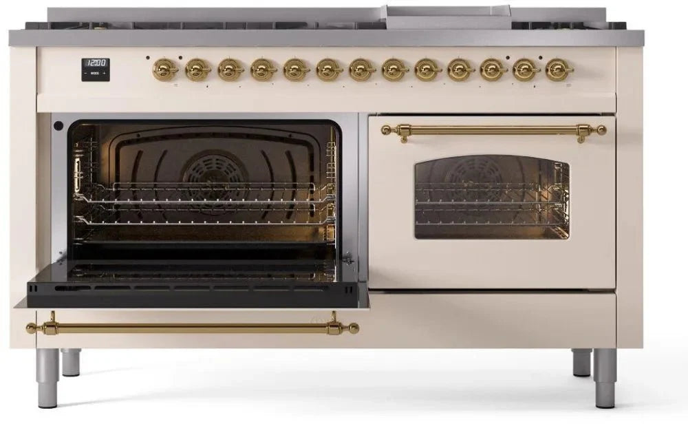 ILVE Nostalgie II 60" Dual Fuel Liquid Propane Range, Antique White, Brass Trim UP60FNMPAWGLP
