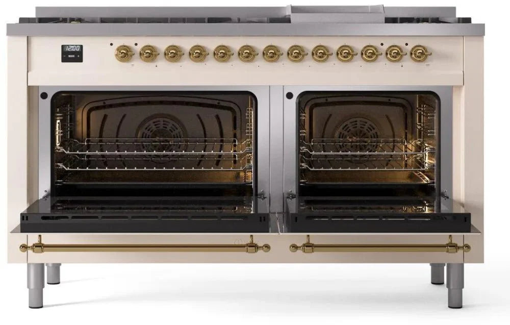 ILVE Nostalgie II 60" Dual Fuel Liquid Propane Range, Antique White, Brass Trim UP60FNMPAWGLP