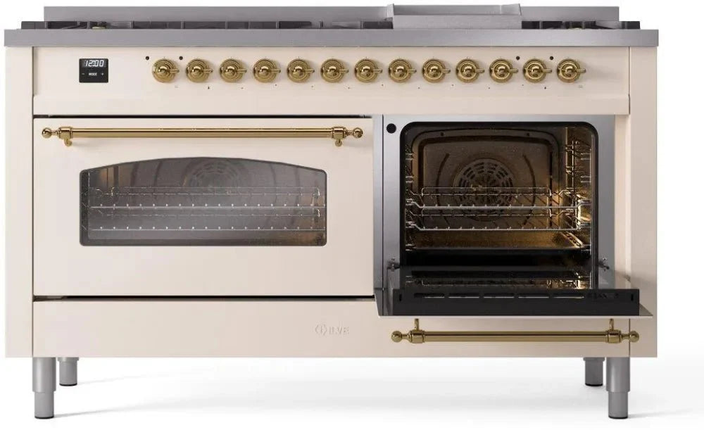 ILVE Nostalgie II 60" Dual Fuel Liquid Propane Range, Antique White, Brass Trim UP60FNMPAWGLP