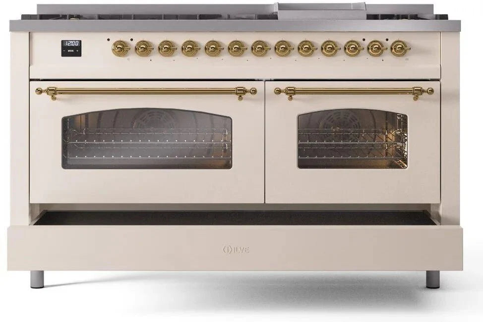 ILVE Nostalgie II 60" Dual Fuel Liquid Propane Range, Antique White, Brass Trim UP60FNMPAWGLP