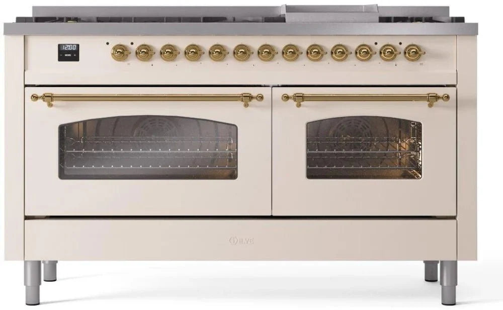 ILVE Nostalgie II 60" Dual Fuel Liquid Propane Range, Antique White, Brass Trim UP60FNMPAWGLP
