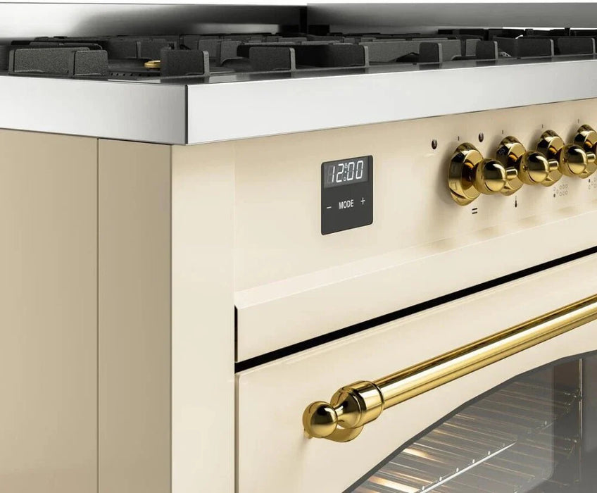 ILVE Nostalgie II 60" Dual Fuel Natural Gas Range, Antique White, Brass Trim UP60FNMPAWG