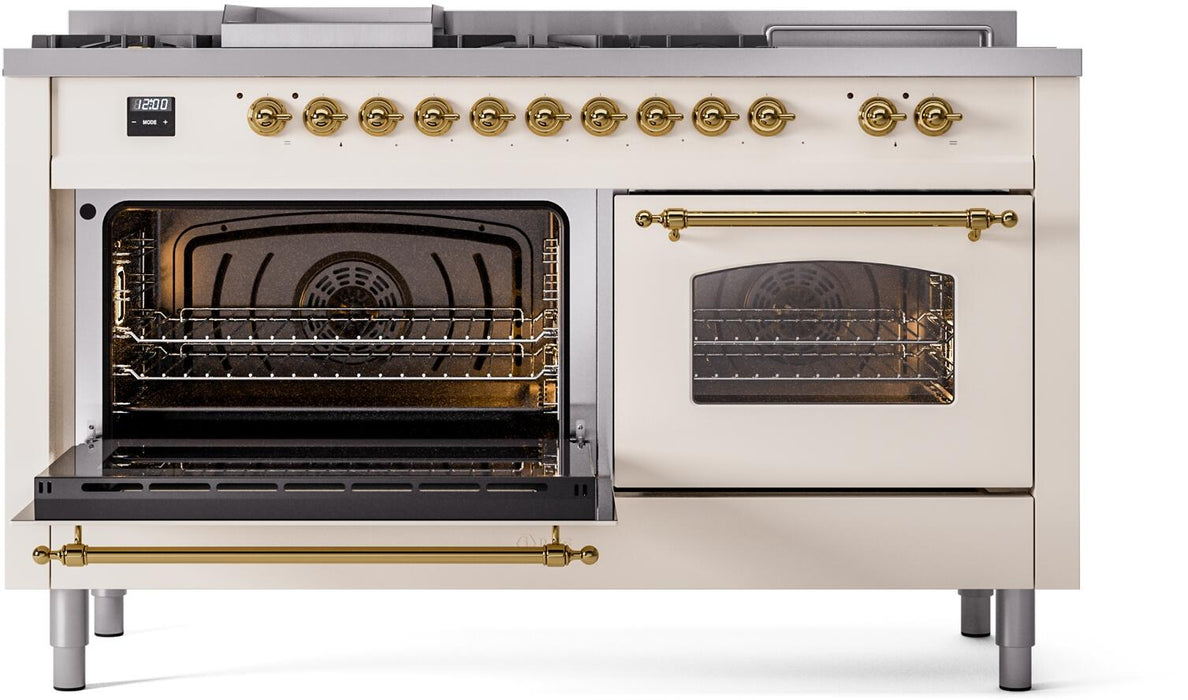 ILVE Nostalgie II 60" Dual Fuel Natural Gas Range, Antique White, Brass Trim UP60FSNMPAWG