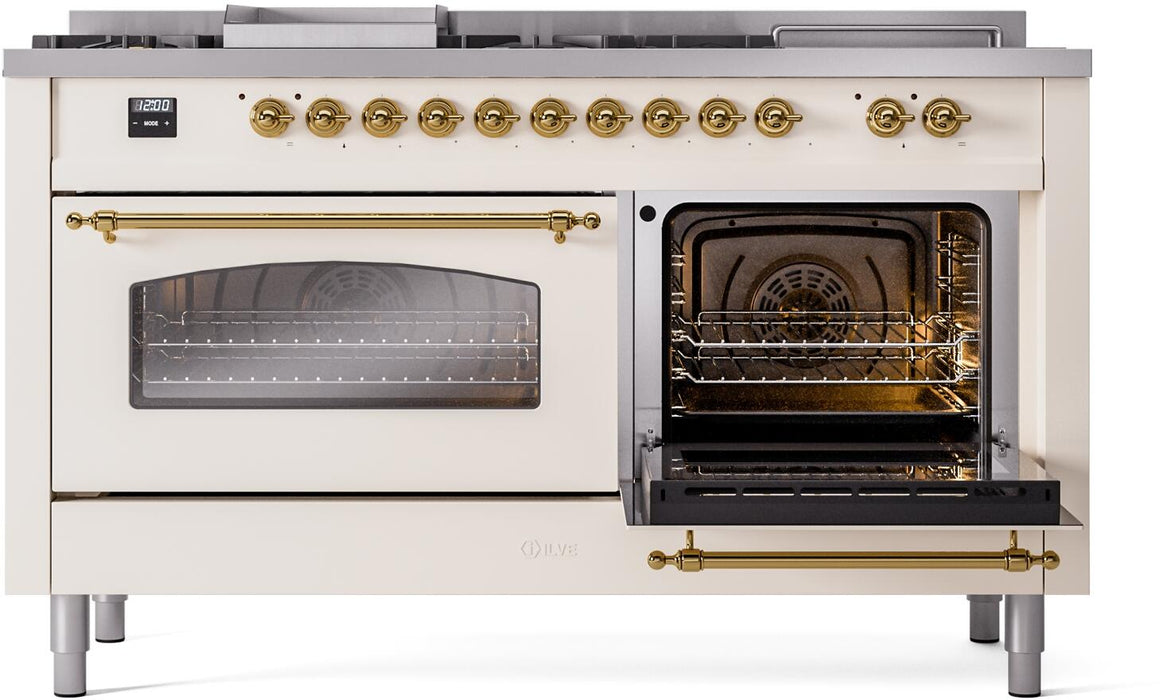 ILVE Nostalgie II 60" Dual Fuel Natural Gas Range, Antique White, Brass Trim UP60FSNMPAWG