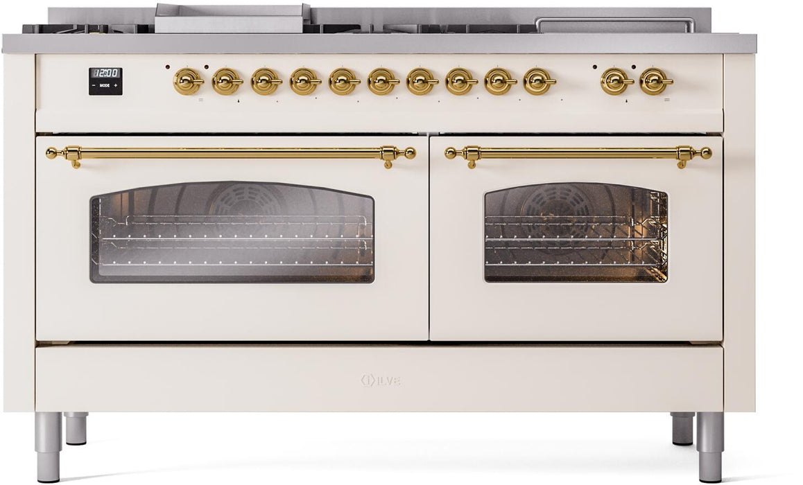 ILVE Nostalgie II 60" Dual Fuel Natural Gas Range, Antique White, Brass Trim UP60FSNMPAWG