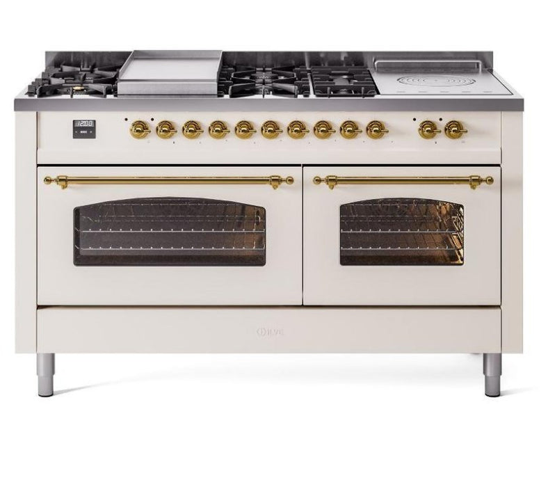 ILVE Nostalgie II 60" Dual Fuel Natural Gas Range, Antique White, Brass Trim UP60FSNMPAWG