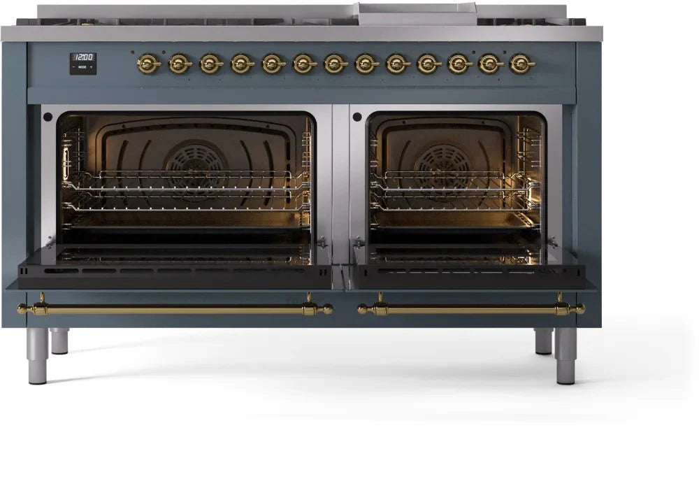 ILVE Nostalgie II 60" Dual Fuel Natural Gas Range, Blue Grey, Brass Trim UP60FNMPBGG
