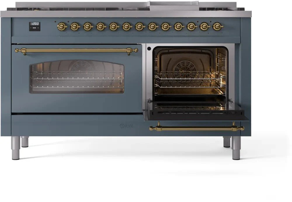 ILVE Nostalgie II 60" Dual Fuel Natural Gas Range, Blue Grey, Brass Trim UP60FNMPBGG