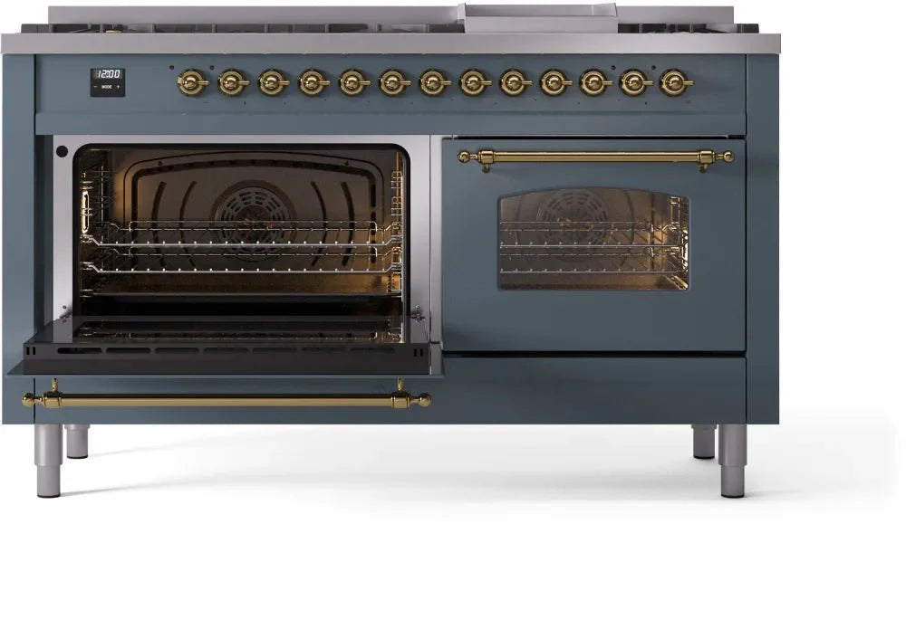 ILVE Nostalgie II 60" Dual Fuel Natural Gas Range, Blue Grey, Brass Trim UP60FNMPBGG